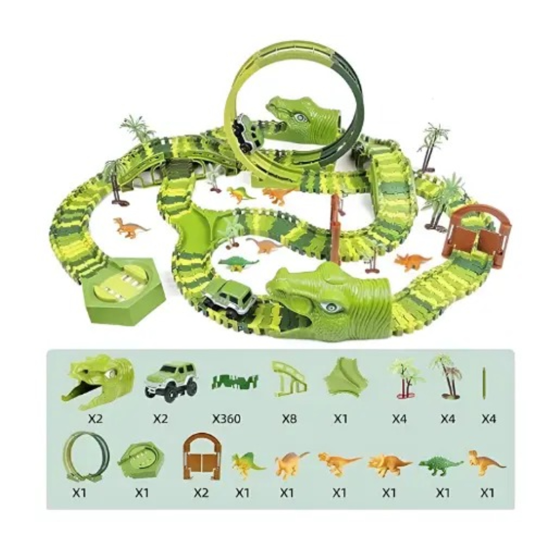 Electric Light Dinosaur Roller Coaster Track Suit 6302 – 193 PCS DIY Track Playset for Kids 395cm Flexible Track with Light-Up Dinosaur Vehicle Creative STEM Construction Toy