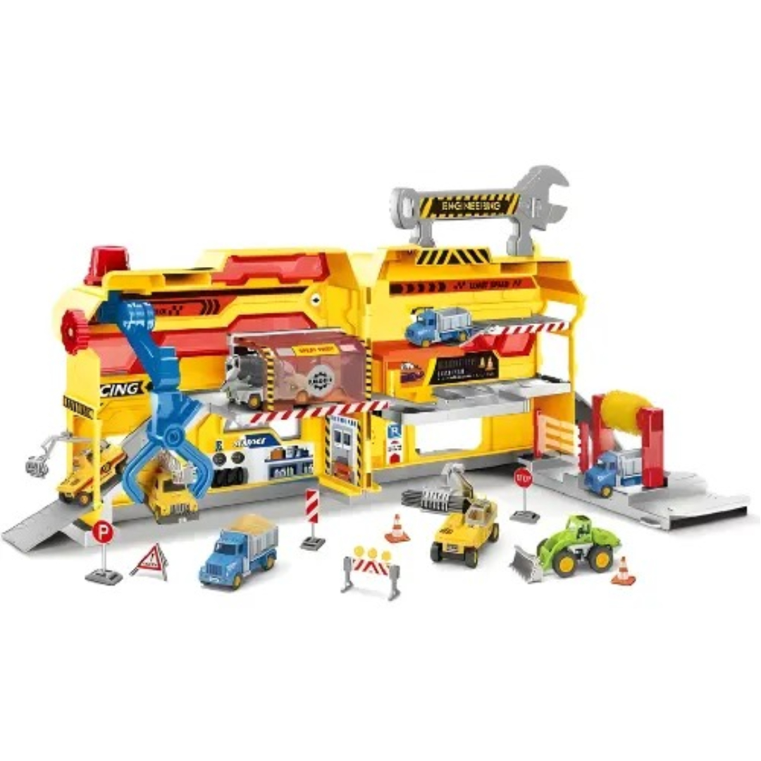 Parking Lot Engineering Theme Toy 6233 – First Generation Auto Repair & Maintenance Handbag Set with Lights Construction & Racing Track Cars Garage Toy Playset for Boys & Girls