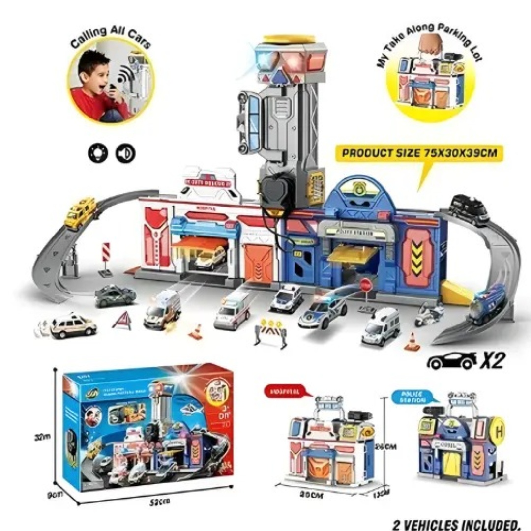 2-in-1 Fire & Police Handbag Parking Lot Toy 6234 – Interactive Dual Emergency Services Garage Playset with Lights & Sounds Realistic Parking Station Sign