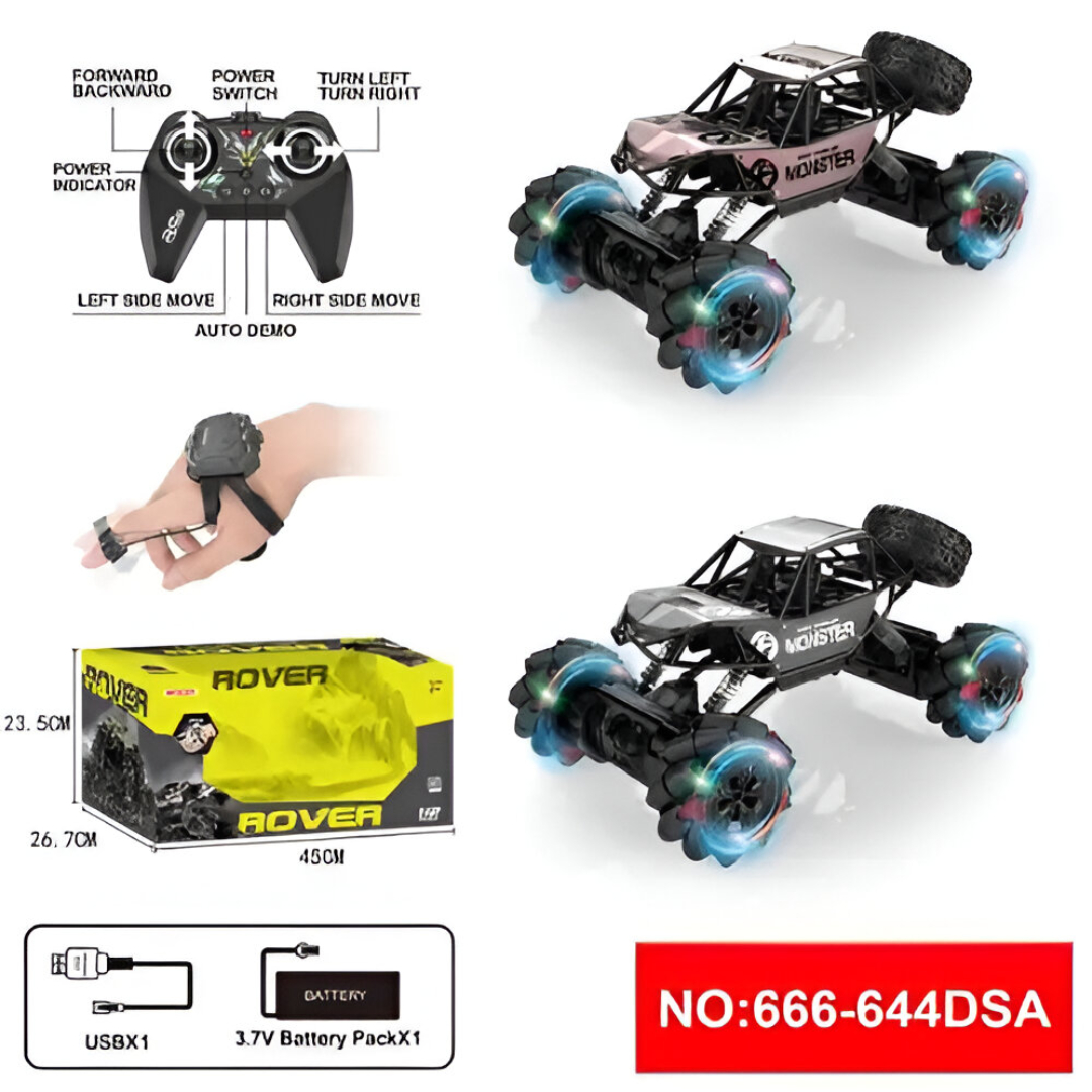 TOYS RC Stunt Car Toy 6226 – 5-Way Electric Remote Control Car with Hand Watch & 2.4G Controller – High-Speed Rotation, Flips, and Climbing Actions – USB Rechargeable – 29x20cm – For Kids Age 6+ TOYS RC Stunt Car Toy 6226 – 5-Way Electric Remote Control Car with Hand Watch & 2.4G Controller – High-Speed Rotation, Flips, and Climbing Actions – USB Rechargeable – 29x20cm – For Kids Age 6+