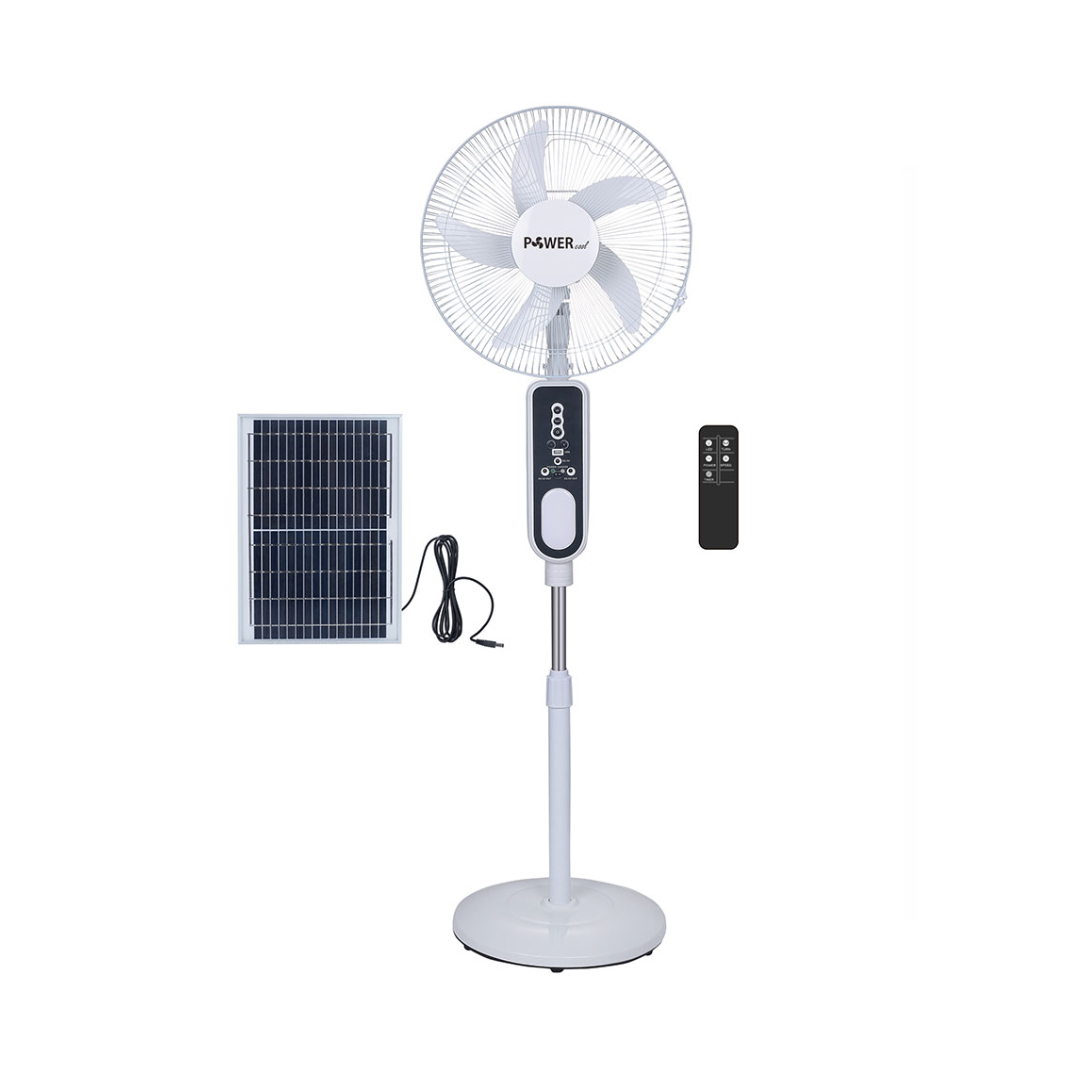 16-Inch Rechargeable Stand Fan PWRF8016-S High-Efficiency Lithium Battery Fan with 10W Solar Panel, Remote Control, Timer, USB Output & Night Light