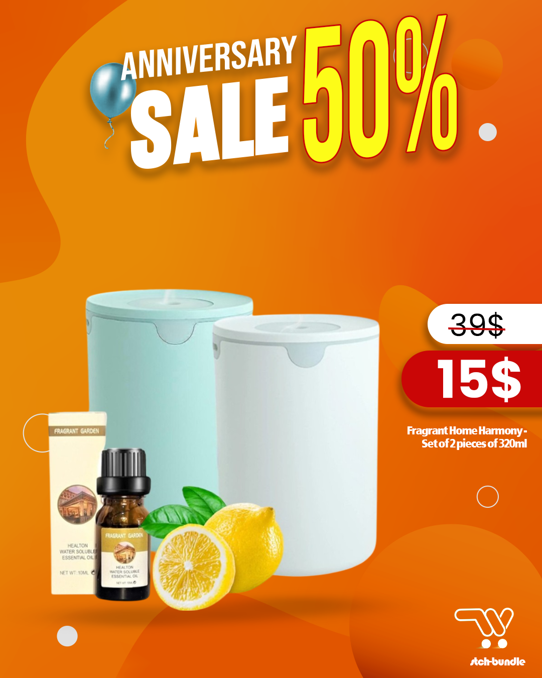 Fragrant Home Harmony - Set of 2 pieces of 320ml Humidifiers Essential Oil Diffuser and Free Fragrant Garden , Lemon Water Soluble Aromatherapy Oil-Aceite essential Fragrance Oil, 10 ml