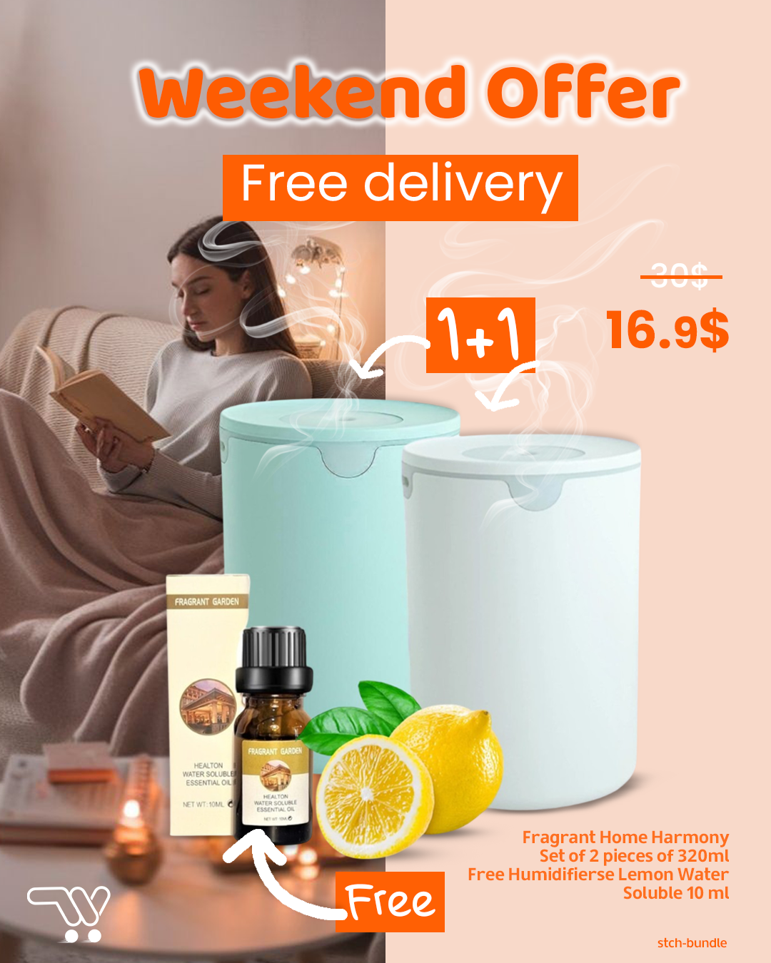 Fragrant Home Harmony - Set of 2 pieces of 320ml Humidifiers Essential Oil Diffuser and Free Fragrant Garden , Lemon Water Soluble Aromatherapy Oil-Aceite essential Fragrance Oil, 10 ml