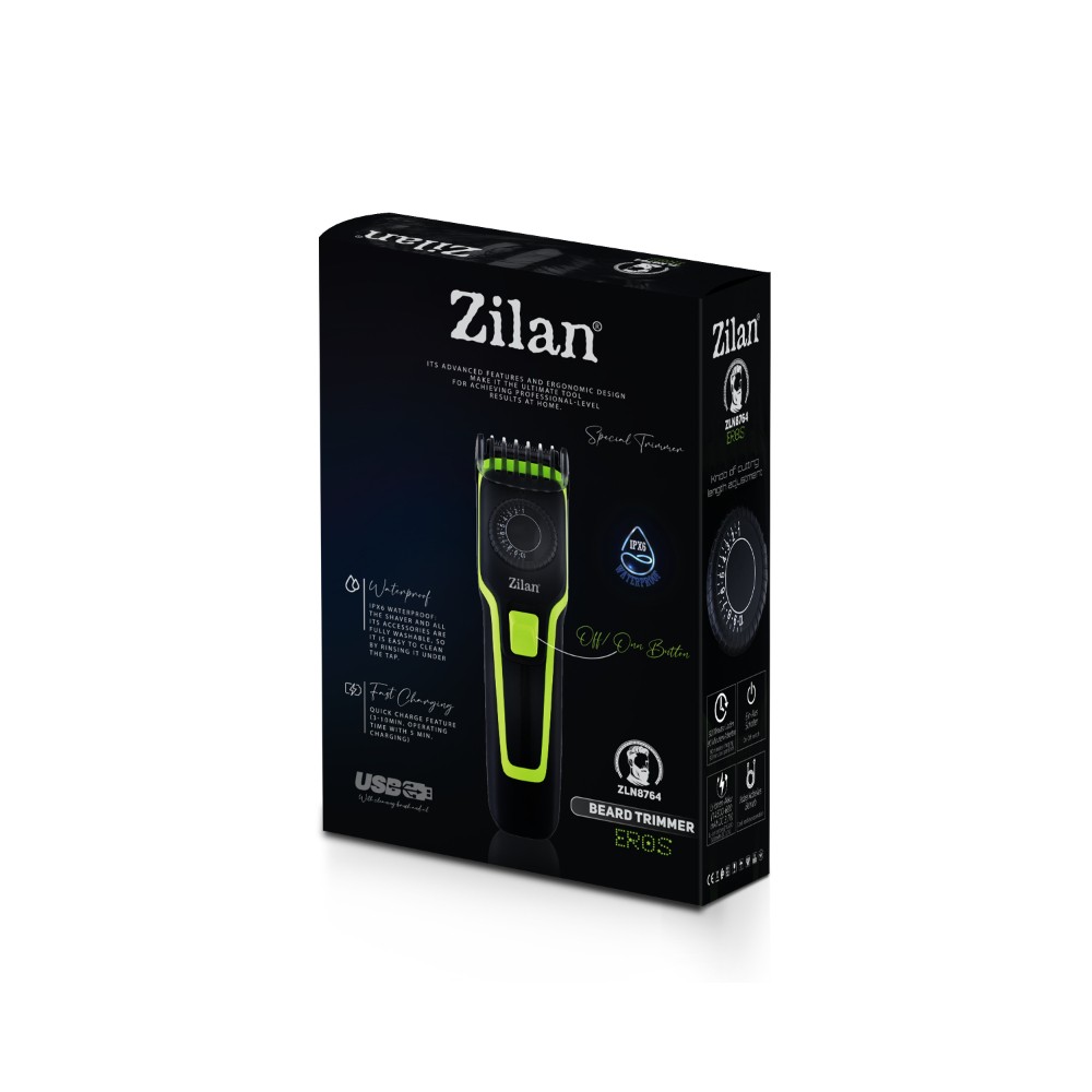 Zilan Hair and Beard Clipper Eros, ZLN8764 — IPX6 Waterproof, Fast Charging, 90-Minute Charge / 75-Minute Runtime, Adjustable Length Settings Zilan Hair and Beard Clipper Eros, ZLN8764 — IPX6 Waterproof, Fast Charging, 90-Minute Charge / 75-Minute Runtime, Adjustable Length Settings